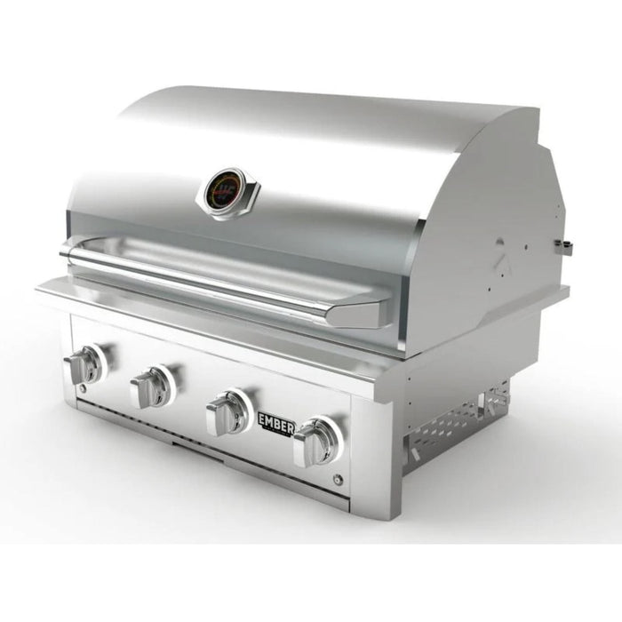 Wildfire Ember 32-inch stainless steel built-in gas grill angled view with four control knobs