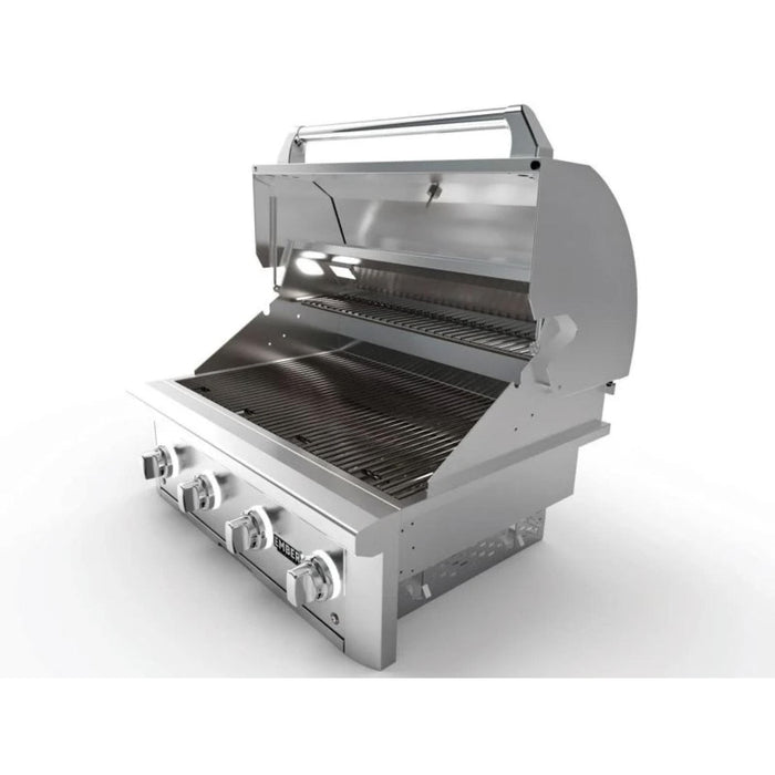 Wildfire Ember 32-inch built-in gas grill with open hood showing stainless steel cooking grates and warming rack