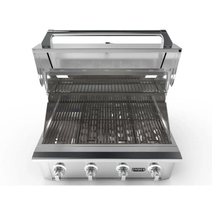 Wildfire Ember 32-inch 4-burner built-in gas grill with open hood, stainless steel cooking grates, warming rack, and interior lights
